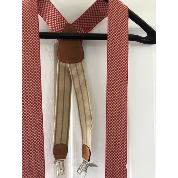 Vintage Big Sport Red & Tan Checkered Suspenders Leather Elastic Braces Silver - Picture 4 of 9